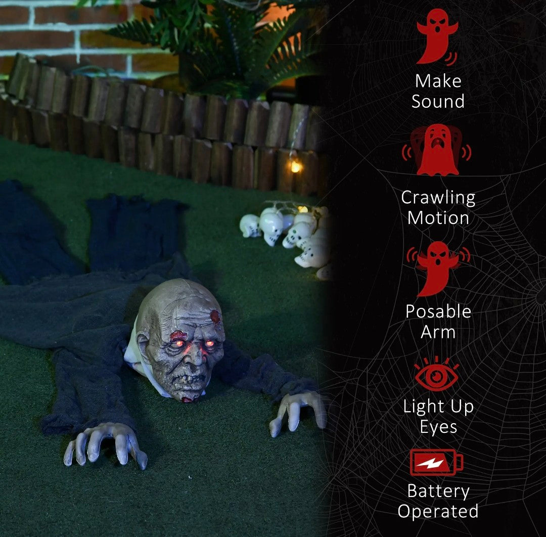 Animatronic Outdoor Crawling Zombie Halloween Decoration | Glowing Red Eyes, Howling Sound, Motion Activated | 5.2ft