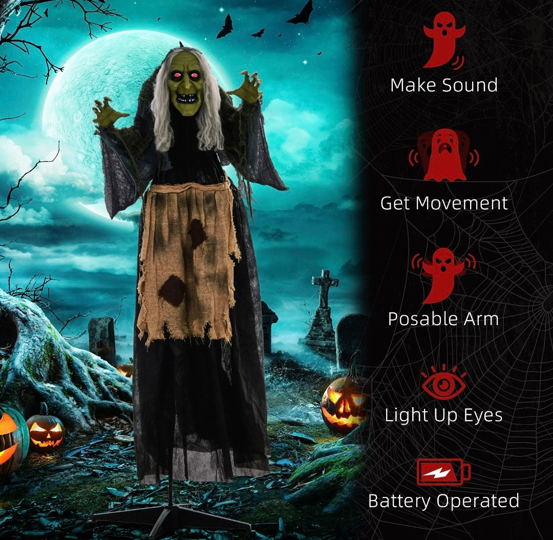 Animatronic Hunchback Witch Halloween Decoration | Glowing Red Eyes, Moving Head & Shoulders, Touch & Sound Activated | 160cm