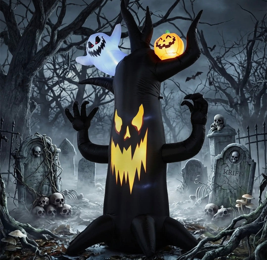 8ft Halloween Inflatable Spooky Tree with Ghost & Pumpkin – LED Lit Indoor/Outdoor Decoration