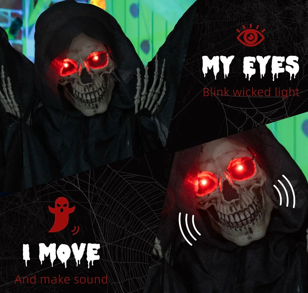Animatronic Winged Grim Reaper Halloween Decoration | Glowing Red Eyes, Moving Head & Hands, Touch & Sound Activated | 6.3ft
