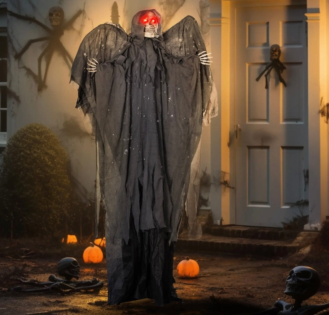 Animatronic Winged Grim Reaper Halloween Decoration | Glowing Red Eyes, Moving Head & Hands, Touch & Sound Activated | 6.3ft