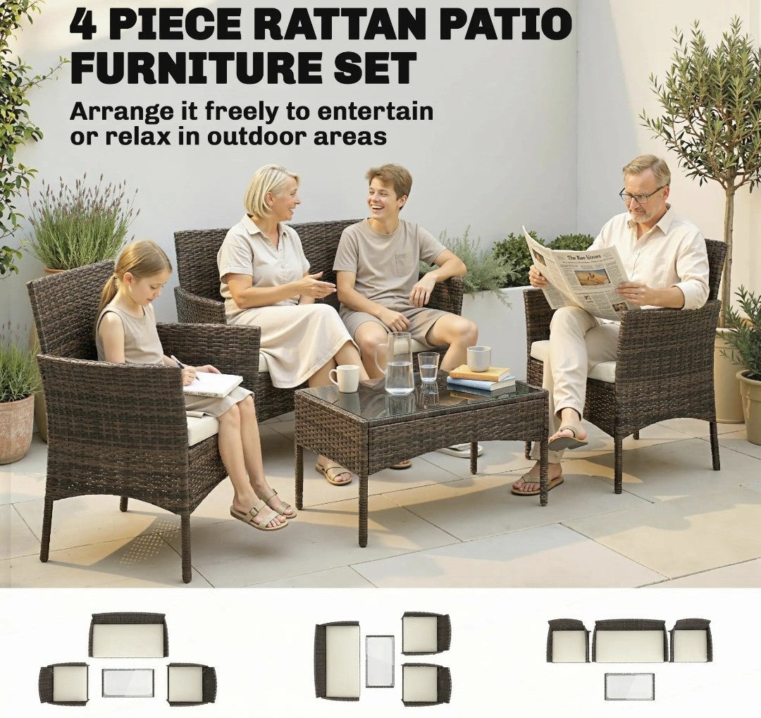 4-Piece Rattan Garden Sofa Set with Beige Cushions | Brown PE Rattan