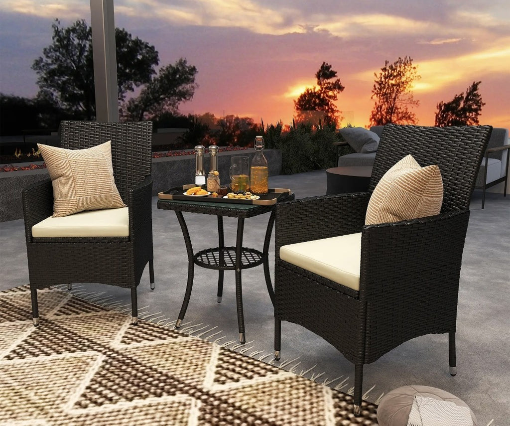 3-Piece Rattan Garden Bistro Set with 2-Tier Table | Black