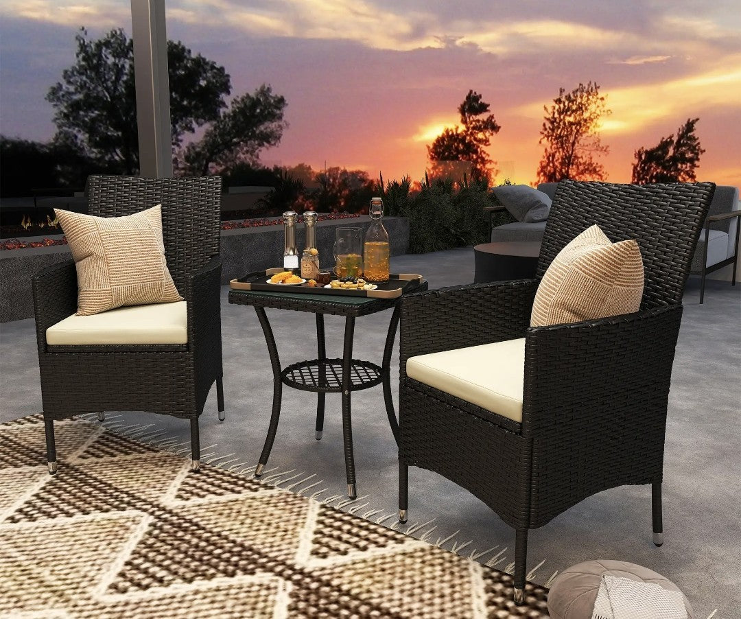 3-Piece Rattan Garden Bistro Set with 2-Tier Table | Black
