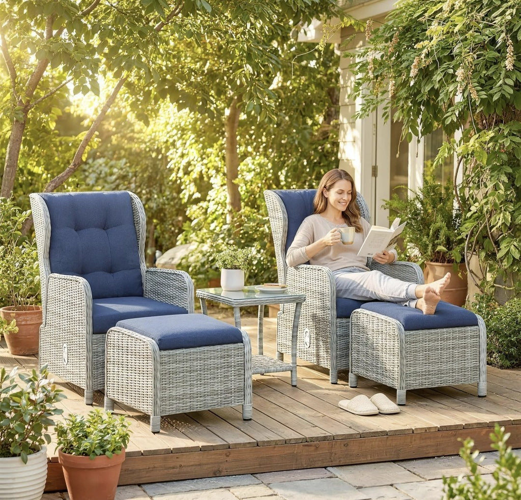 5-Piece Rattan Garden Set | Reclining Chairs, Footstools & Cushions | Light Grey