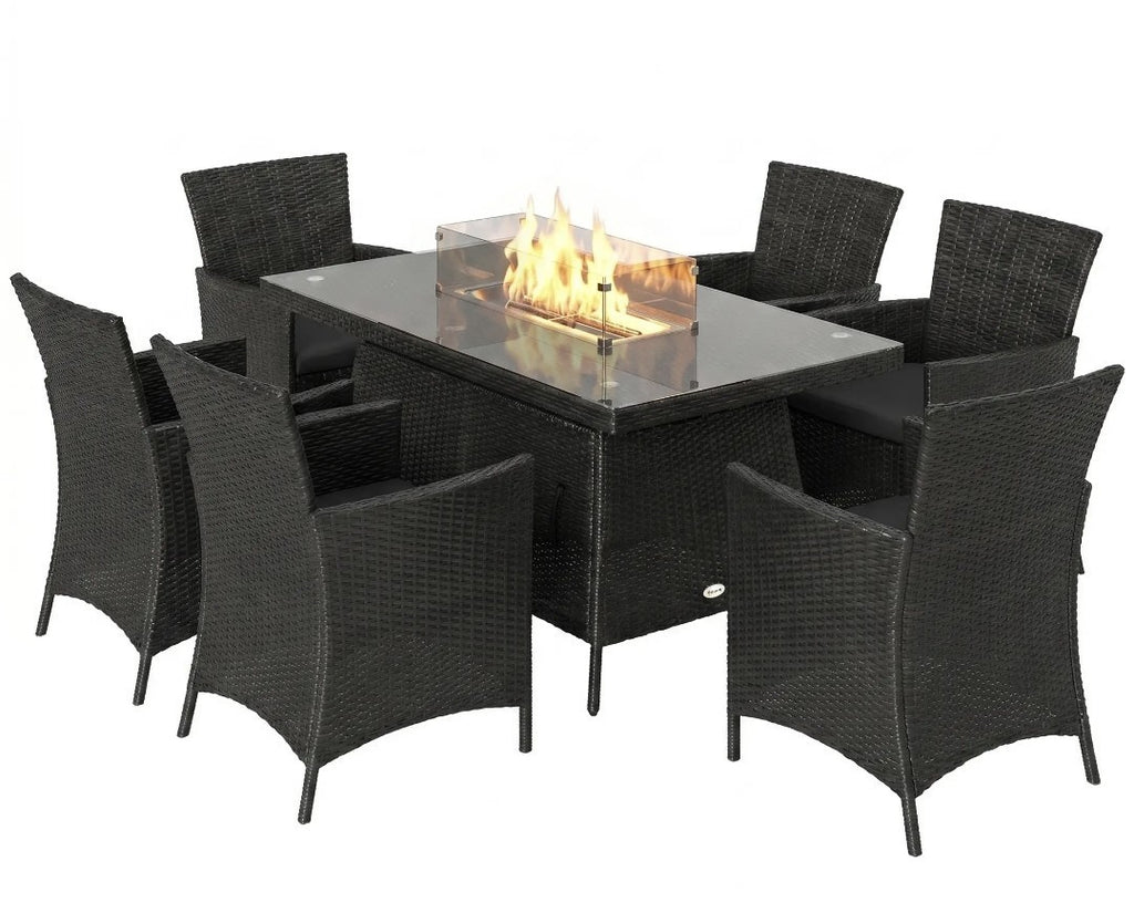 6-Seater Rattan Garden Set with Gas Fire Pit Table – 7 Piece, Black & Grey