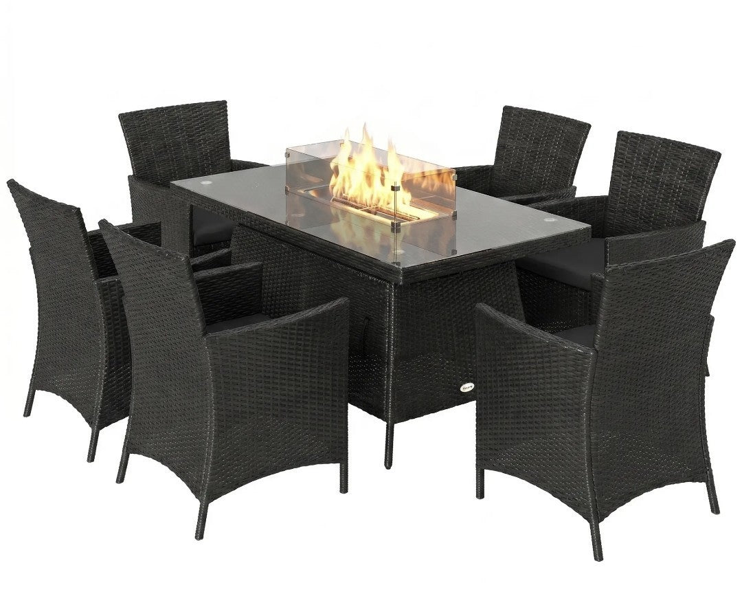 6-Seater Rattan Garden Set with Gas Fire Pit Table – 7 Piece, Black & Grey