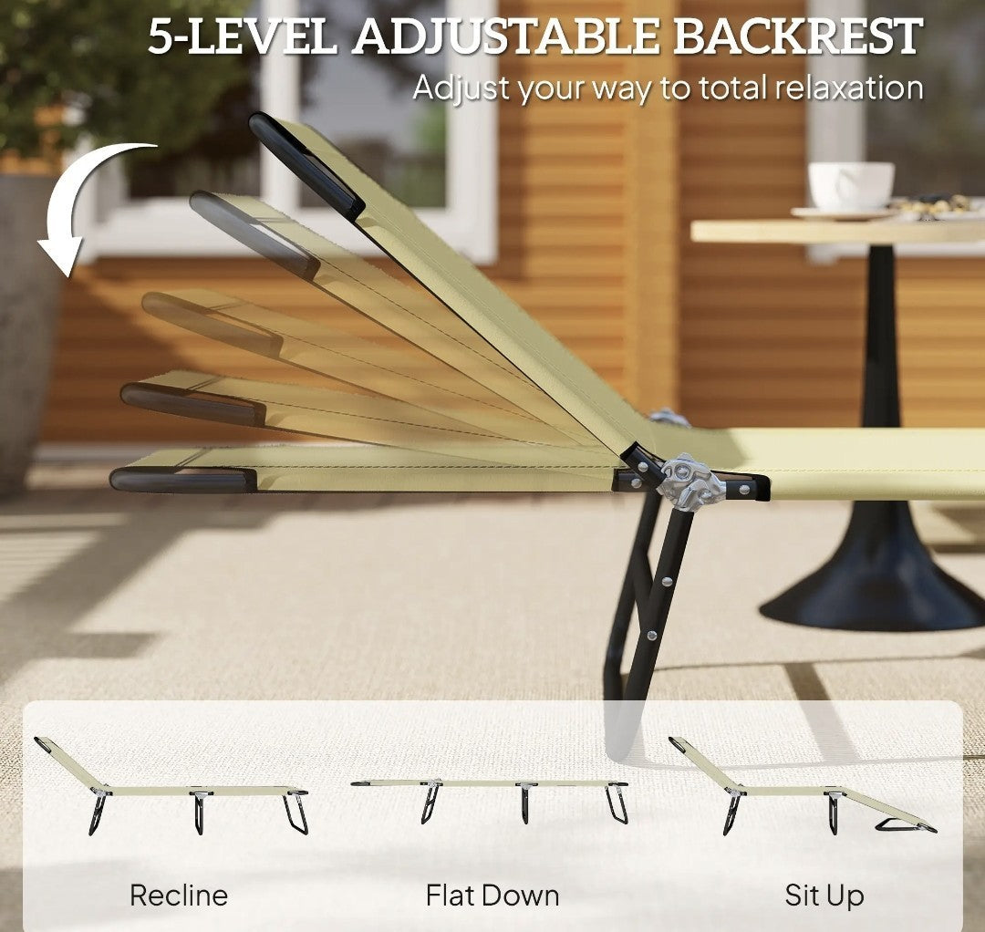 Foldable Sun Lounger | 5-Position Adjustable Backrest | Portable Recliner Chaise