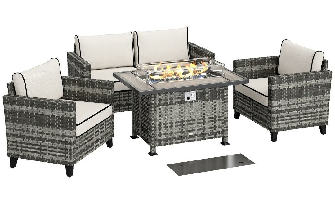 5-Piece Rattan Garden Sofa Set with Gas Fire Pit Table – Grey