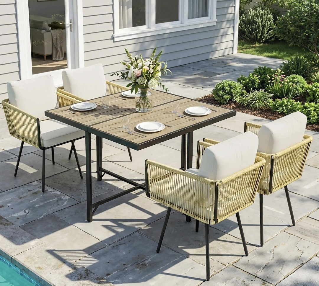5-Piece Garden Dining Set with Armchairs – Beige | FSC Certified Metal & Wood-Plastic