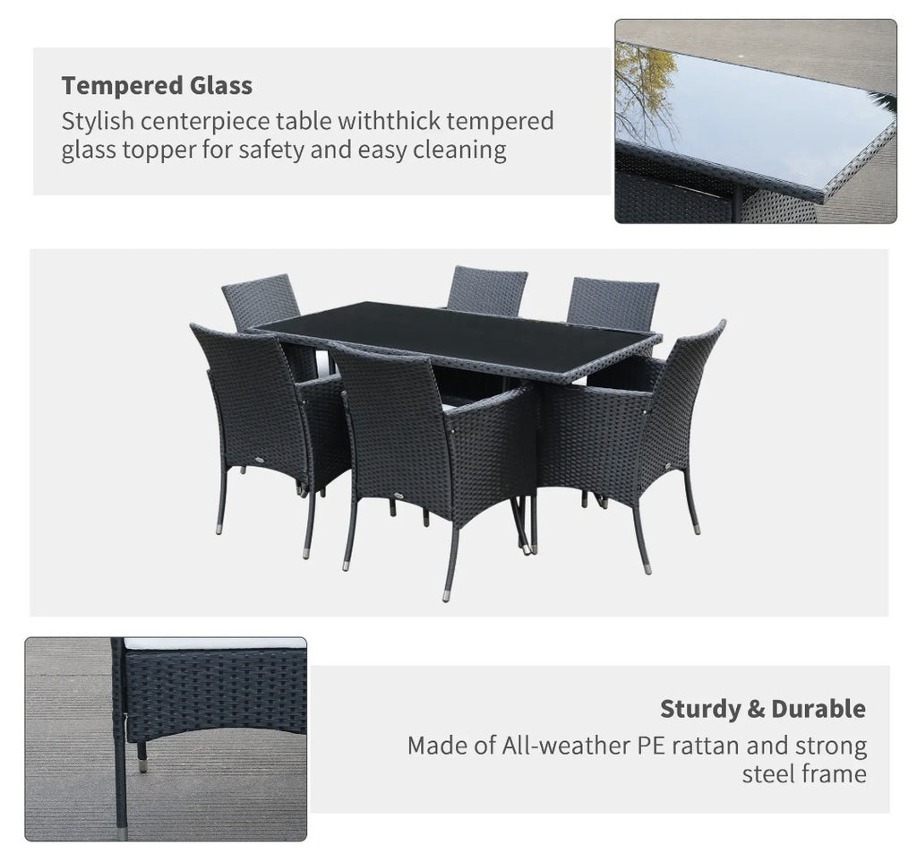 7-Piece Rattan Garden Dining Set with Cushions – Black