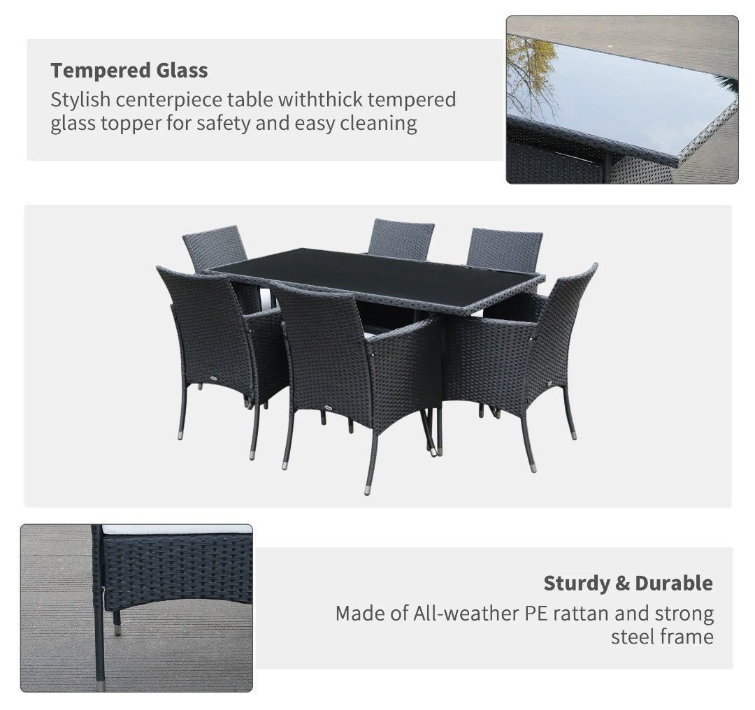 7-Piece Rattan Garden Dining Set with Cushions – Black