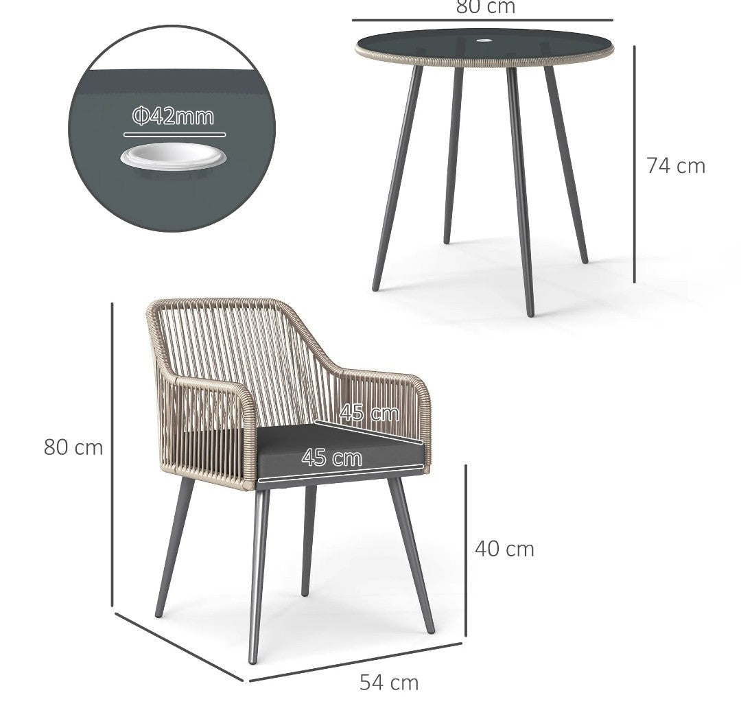 4-Seater Rattan Dining Set – Light Brown | Round Glass Table with Parasol Hole & Cushions
