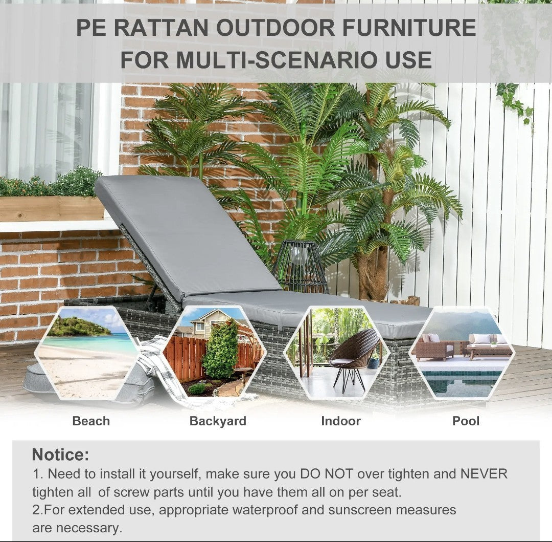 PE Rattan Sun Lounger – Light Grey | 5-Position Adjustable Recliner with Cushion