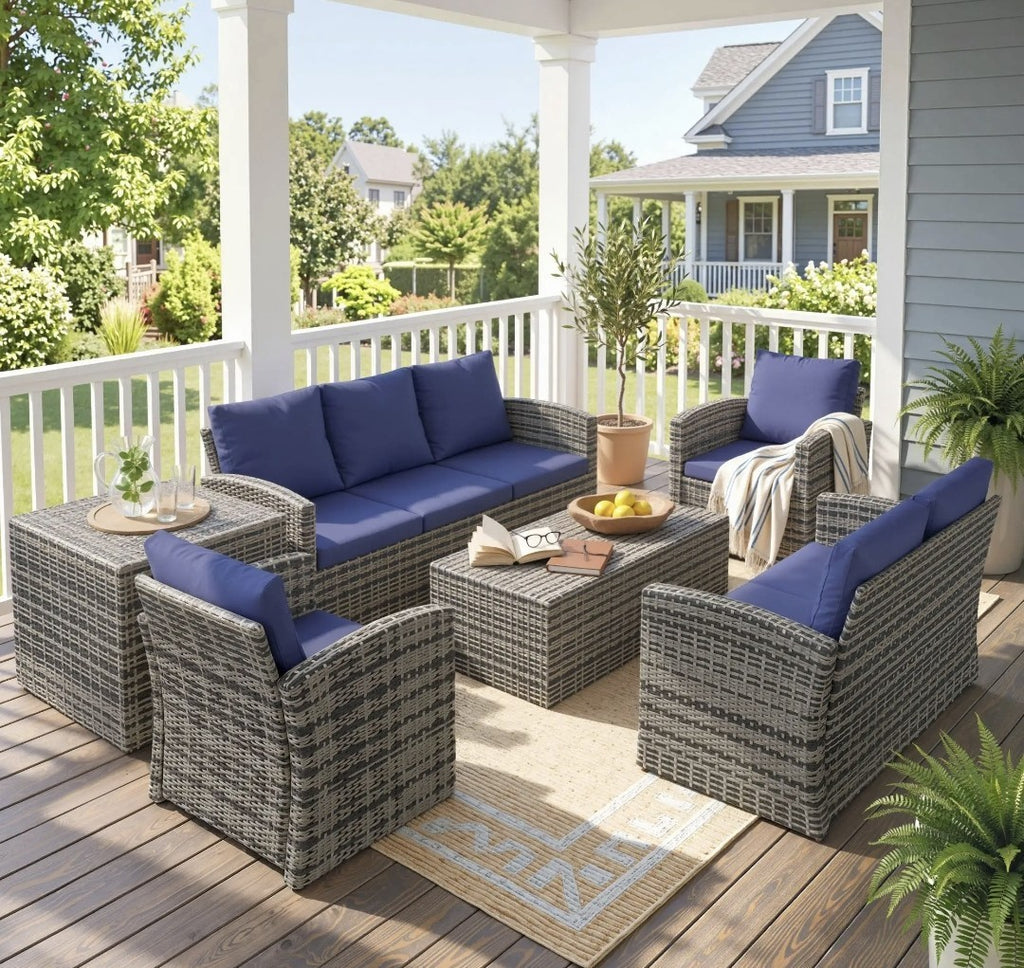 7-Seater Rattan Garden Sofa Set | 6-Piece Outdoor Furniture with Storage Tables – Brown & Blue