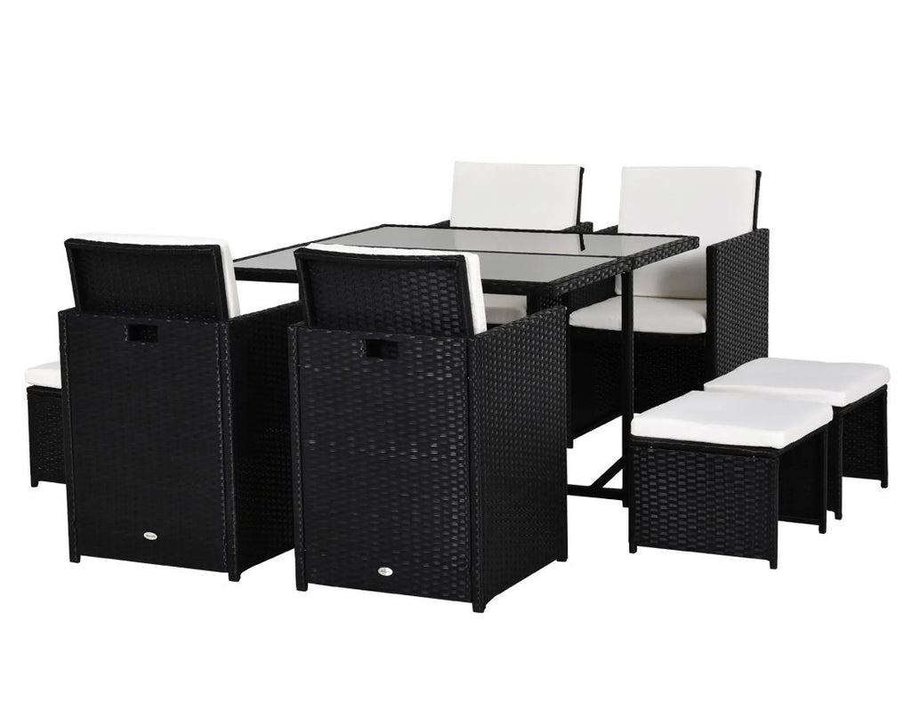 9-Piece Rattan Garden Dining Set | Armchairs, Footstools & Table | Black