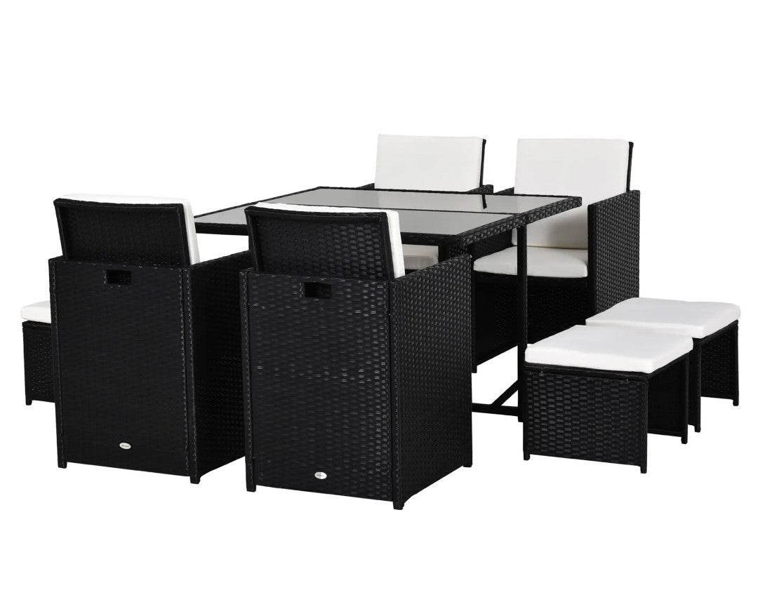 9-Piece Rattan Garden Dining Set | Armchairs, Footstools & Table | Black