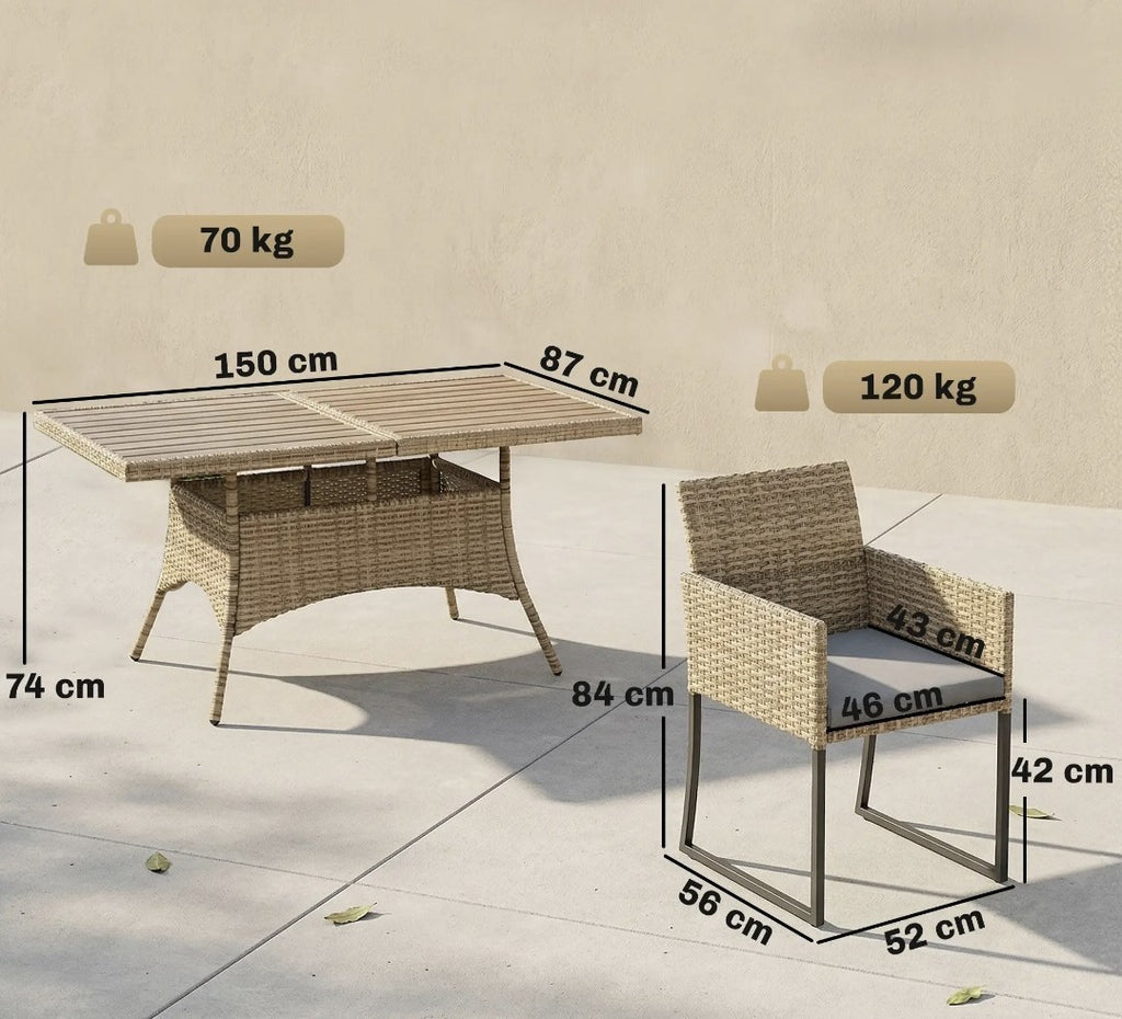 7-Piece Rattan Garden Dining Set – Light Brown | 6-Seater with Wood-Plastic Table & Cushions