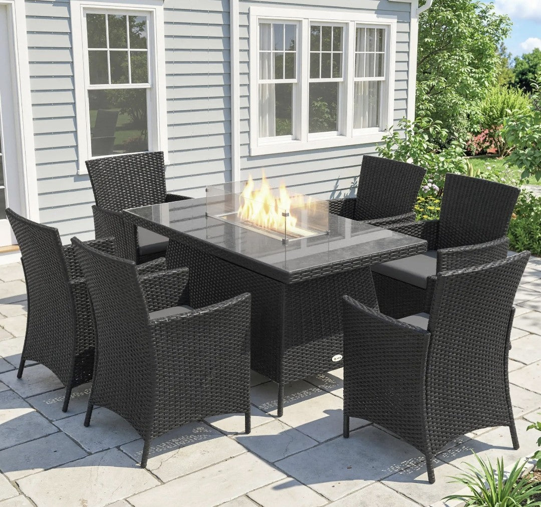6-Seater Rattan Garden Set with Gas Fire Pit Table – 7 Piece, Black & Grey