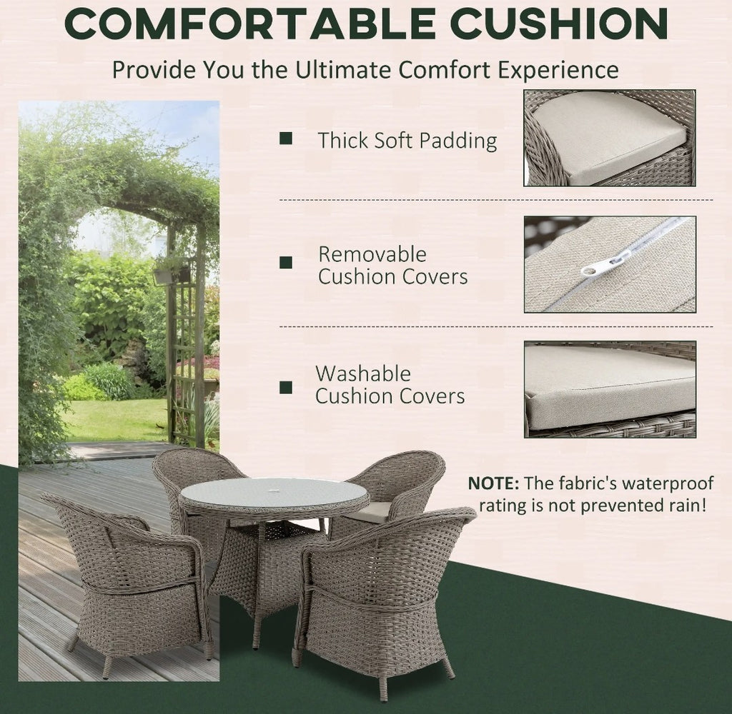 4-Seater Round PE Rattan Dining Set – Grey | FSC Certified with Glass Table & Cushions