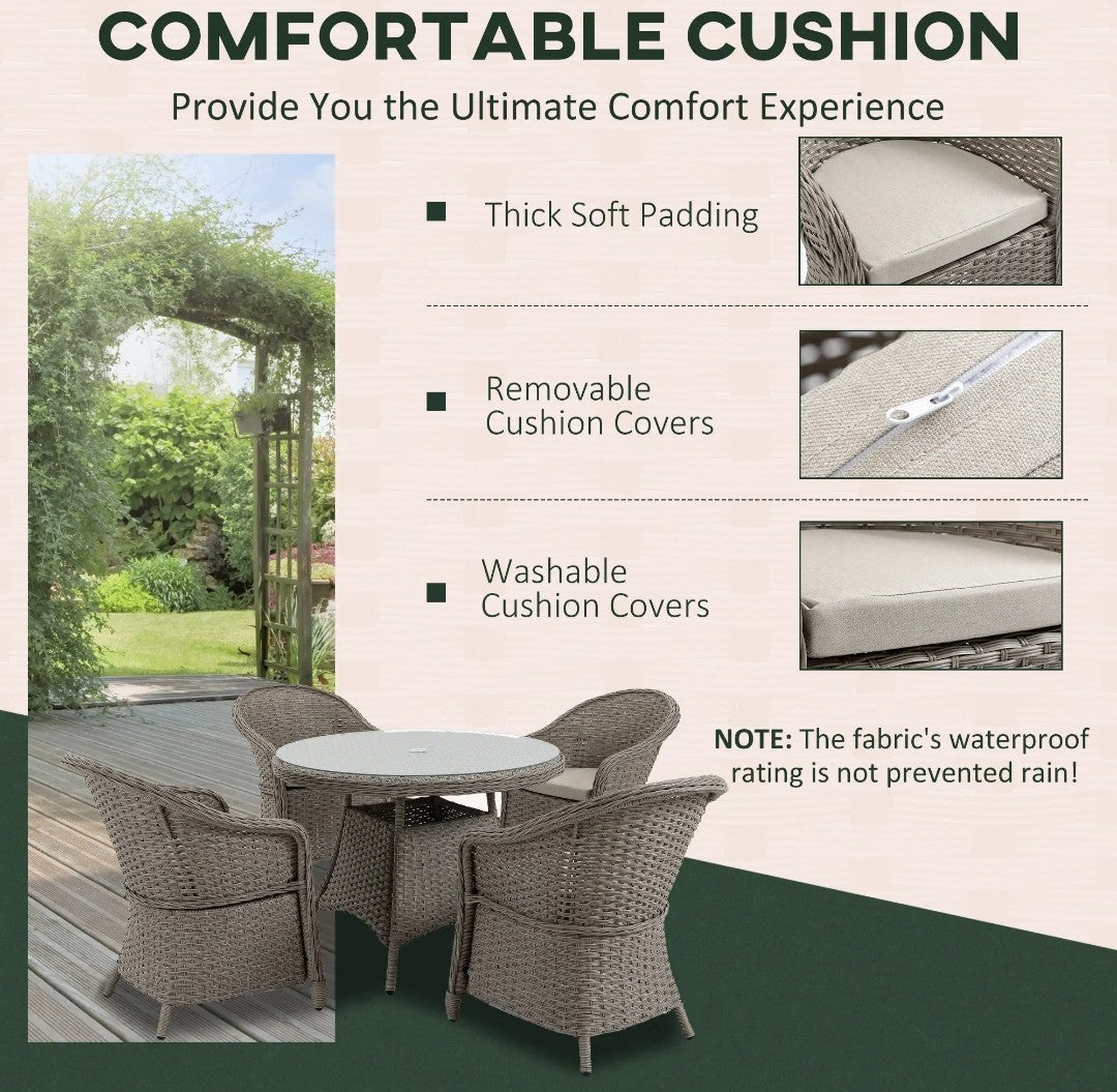 4-Seater Round PE Rattan Dining Set – Grey | FSC Certified with Glass Table & Cushions