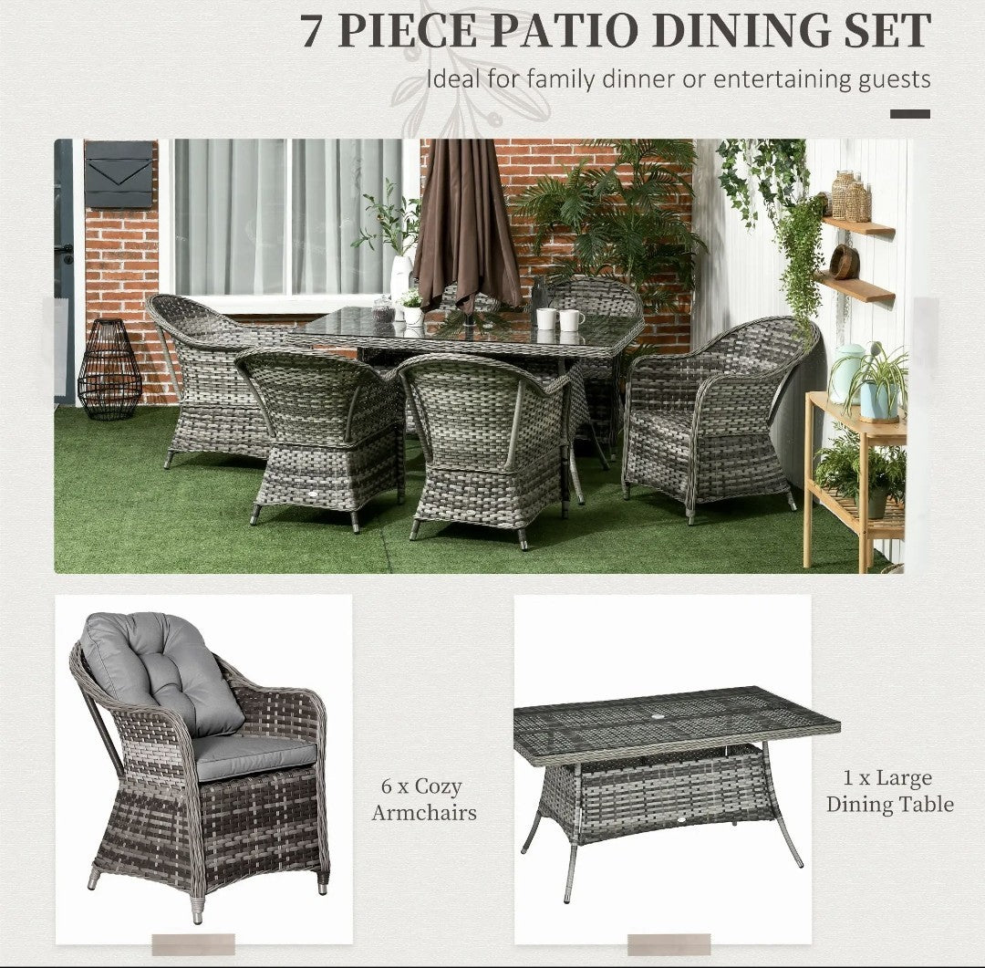 Seven-Piece Rattan Dining Set with Tempered Glass Table Top and Parasol Hole