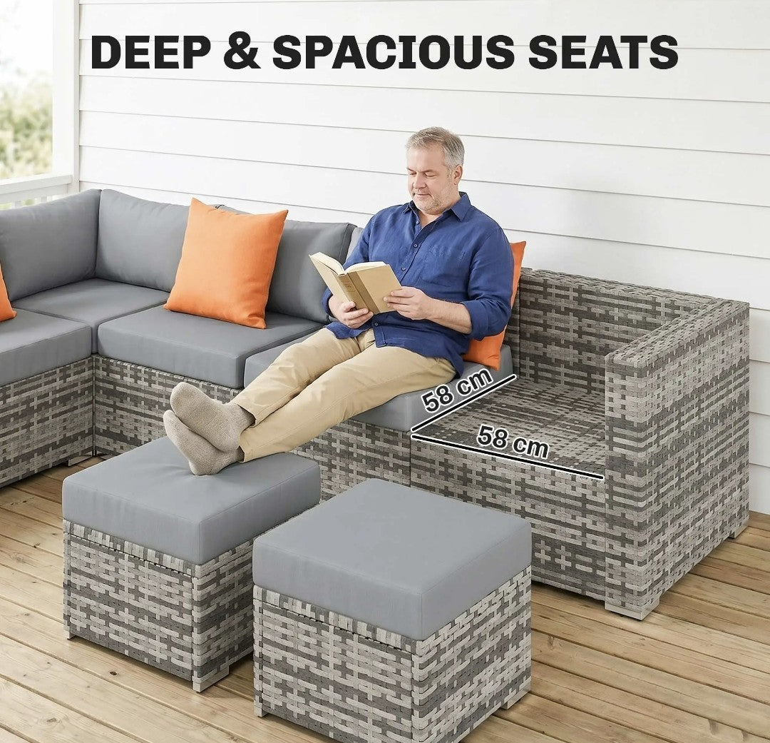 10-Piece Rattan Garden Furniture Set | 3 Corner Sofas, 3 Chairs, 3 Stools & Table – Grey & Orange