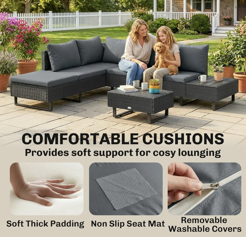 L-Shaped Rattan Garden Corner Sofa Set | Outdoor Furniture, Dark Grey