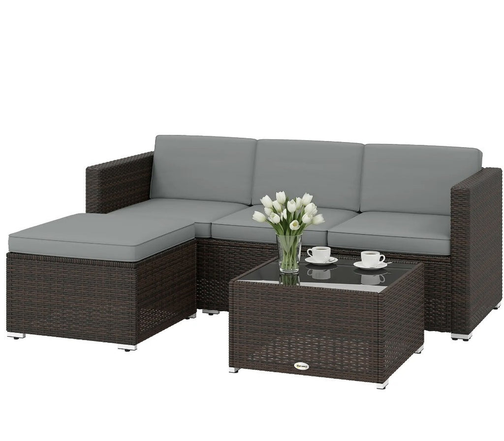 3-Piece PE Rattan Corner Sofa Set with Cushions | Light Grey