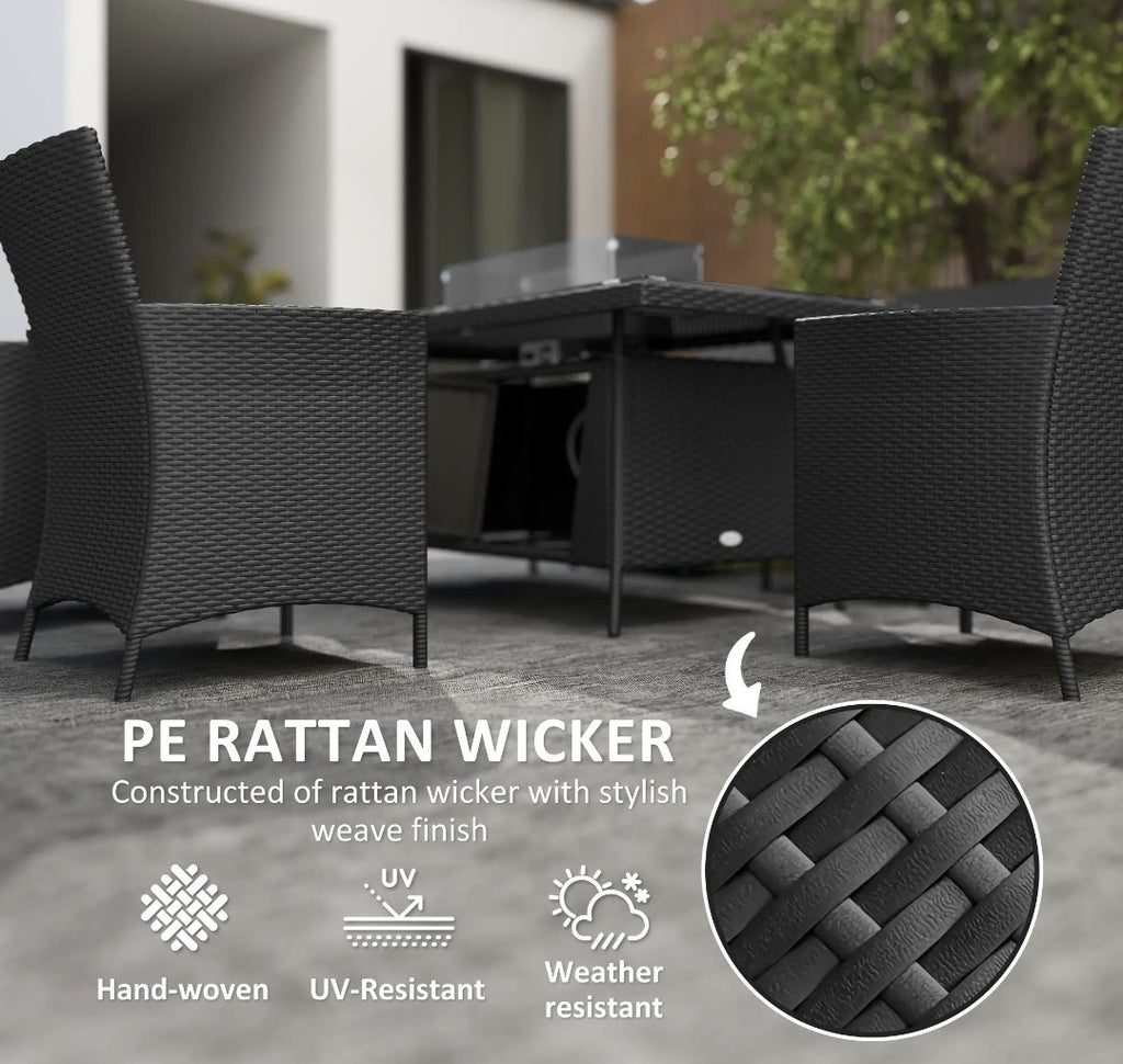 6-Seater Rattan Garden Set with Gas Fire Pit Table – 7 Piece, Black & Grey