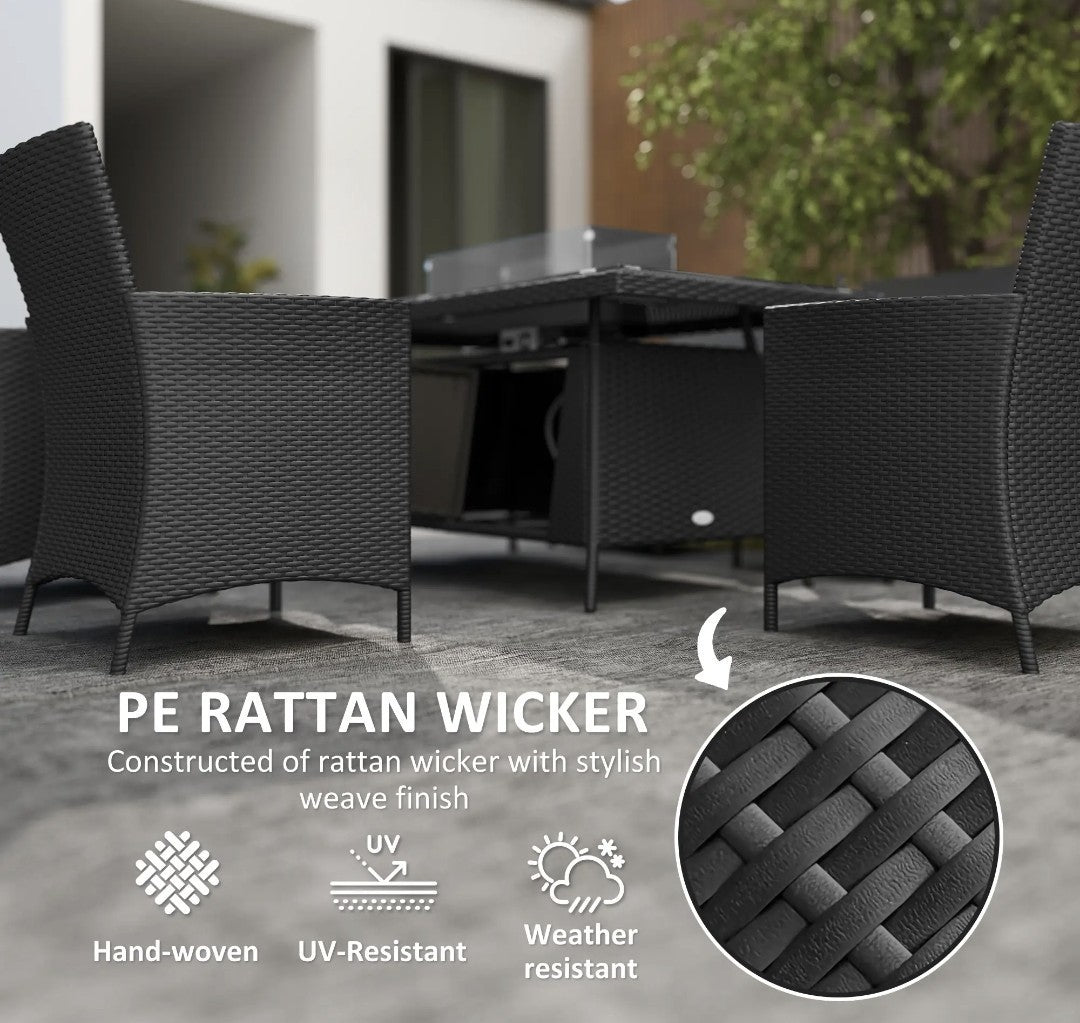 6-Seater Rattan Garden Set with Gas Fire Pit Table – 7 Piece, Black & Grey