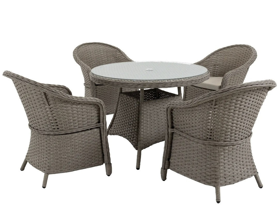 4-Seater Round PE Rattan Dining Set – Grey | FSC Certified with Glass Table & Cushions