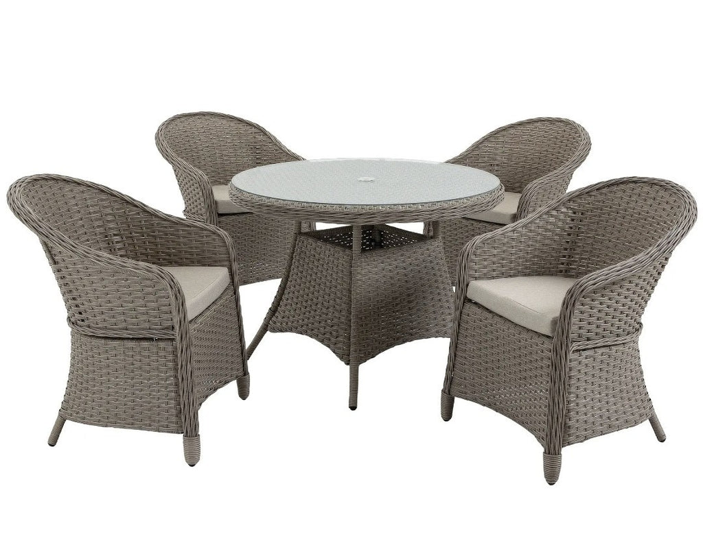 4-Seater Round PE Rattan Dining Set – Grey | FSC Certified with Glass Table & Cushions