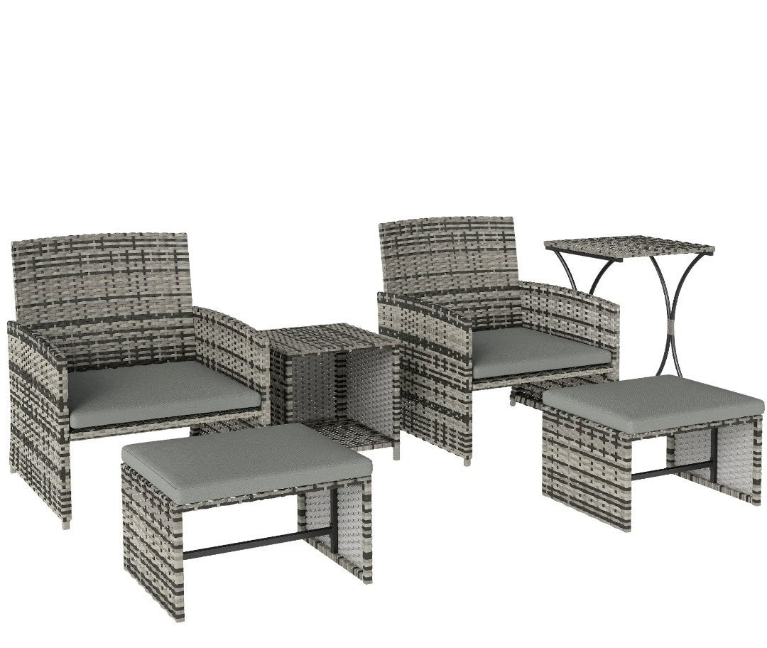 6-Piece Space-Saving Rattan Patio Furniture Set | Grey Cushions