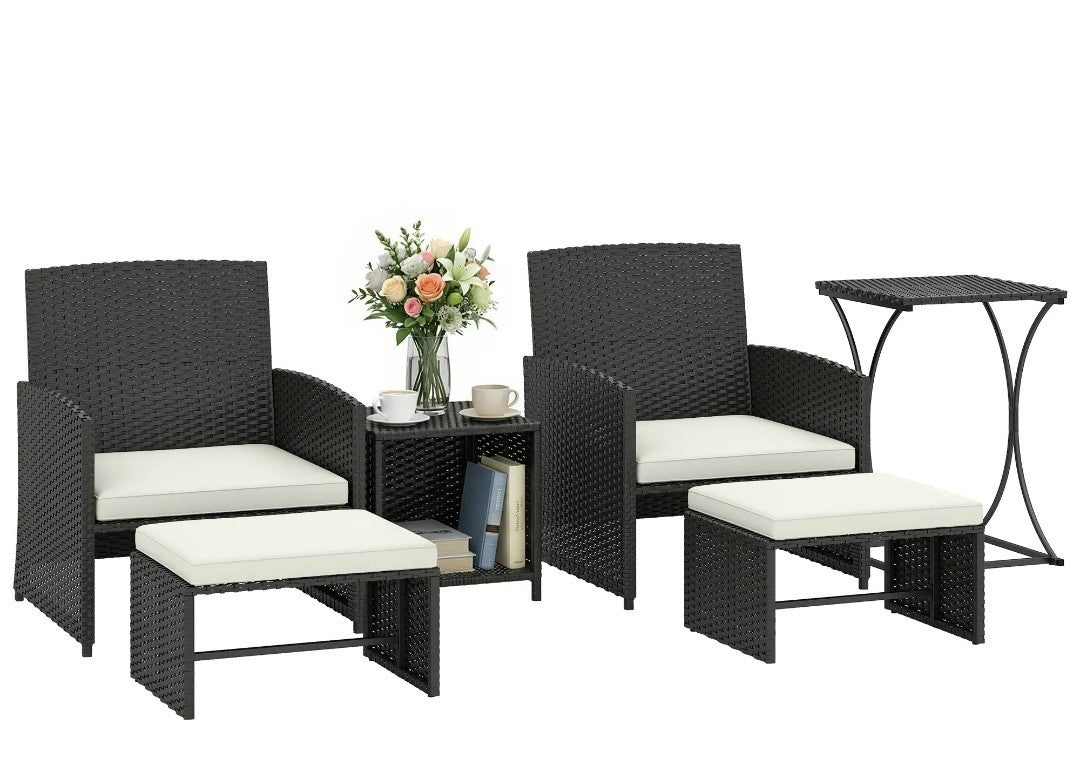 6-Piece Space-Saving Rattan Patio Furniture Set with Cushions – Black