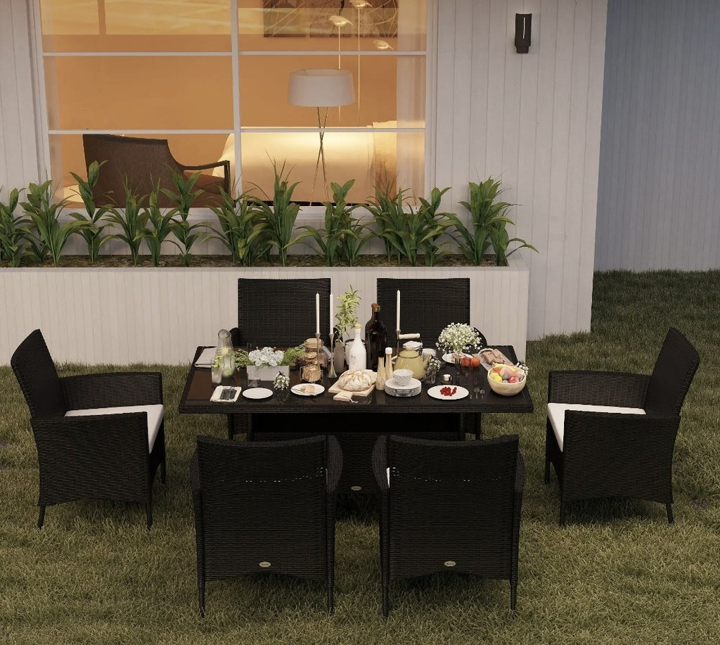 7-Piece Rattan Garden Dining Set with Cushions – Black