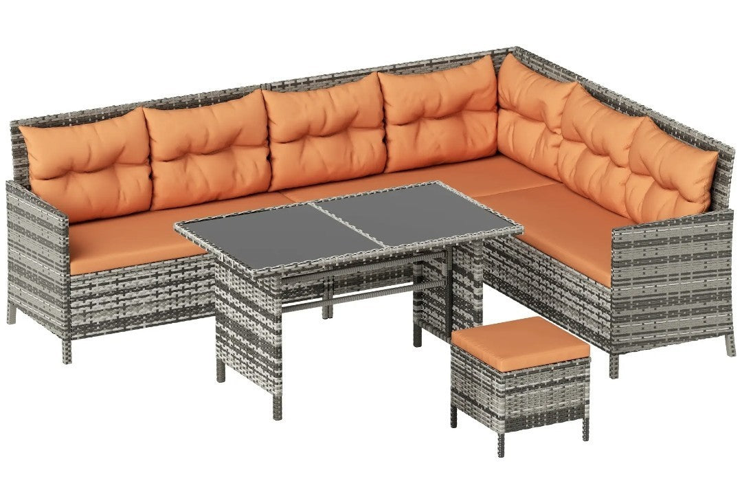 7-Seater Rattan Garden Sofa Set with Glass Table – Orange Cushions