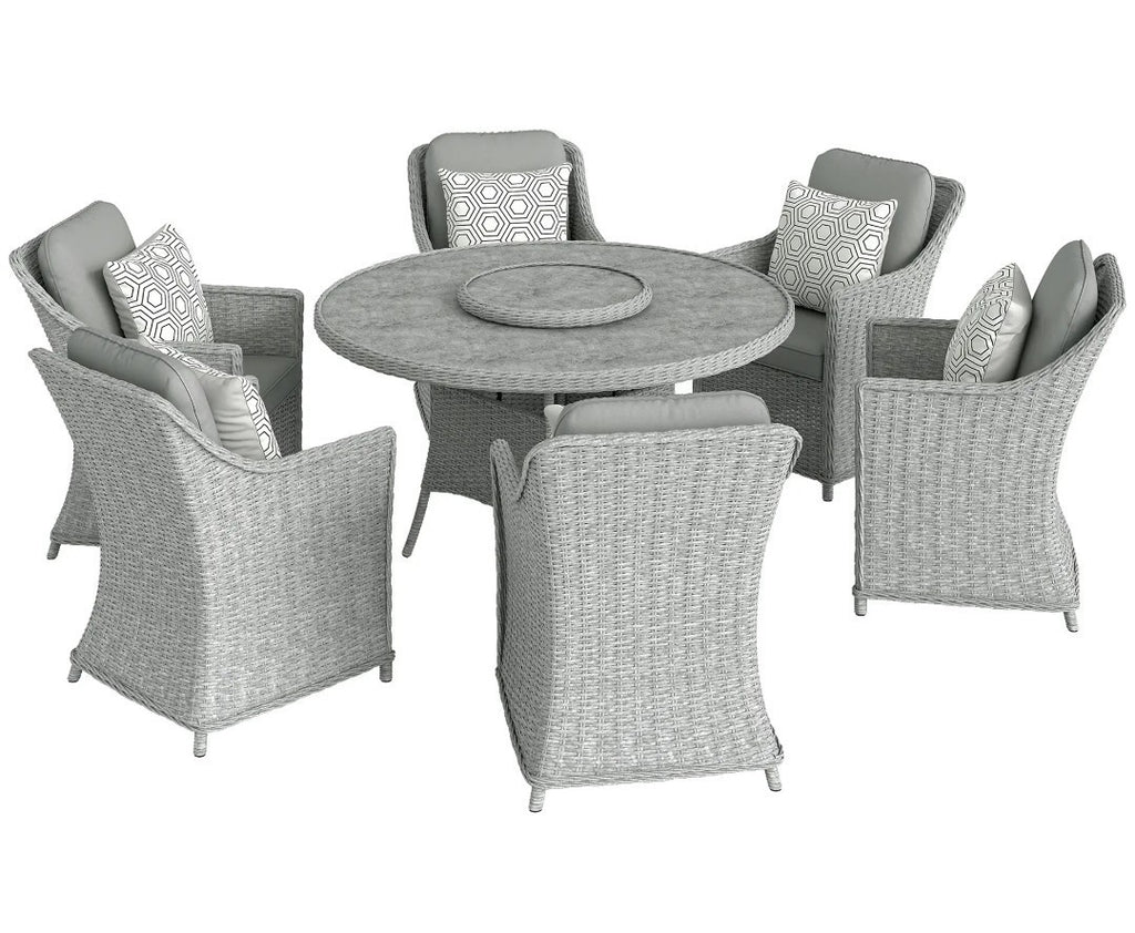 7-Piece Rattan Garden Dining Set with Turntable & Marble Effect Round Table