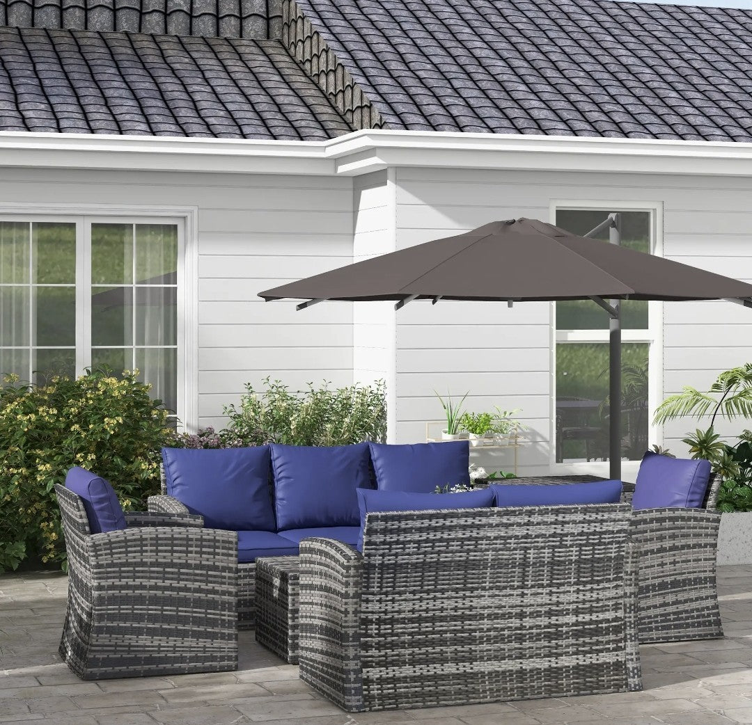 7-Seater Rattan Garden Sofa Set | 6-Piece Outdoor Furniture with Storage Tables – Brown & Blue