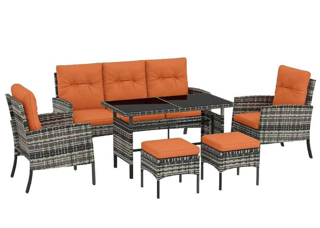 5-Seater Rattan Garden Sofa Set | 2 Armchairs & 3-Seater Wicker Sofa – Grey & Orange