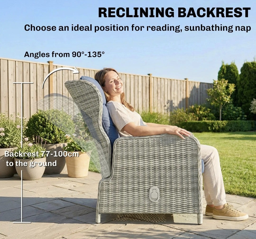 5-Piece Rattan Garden Set | Reclining Chairs, Footstools & Cushions | Light Grey