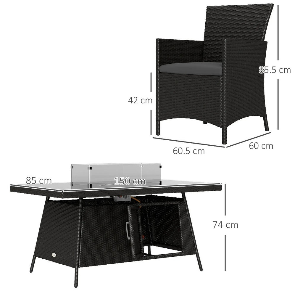 6-Seater Rattan Garden Set with Gas Fire Pit Table – 7 Piece, Black & Grey
