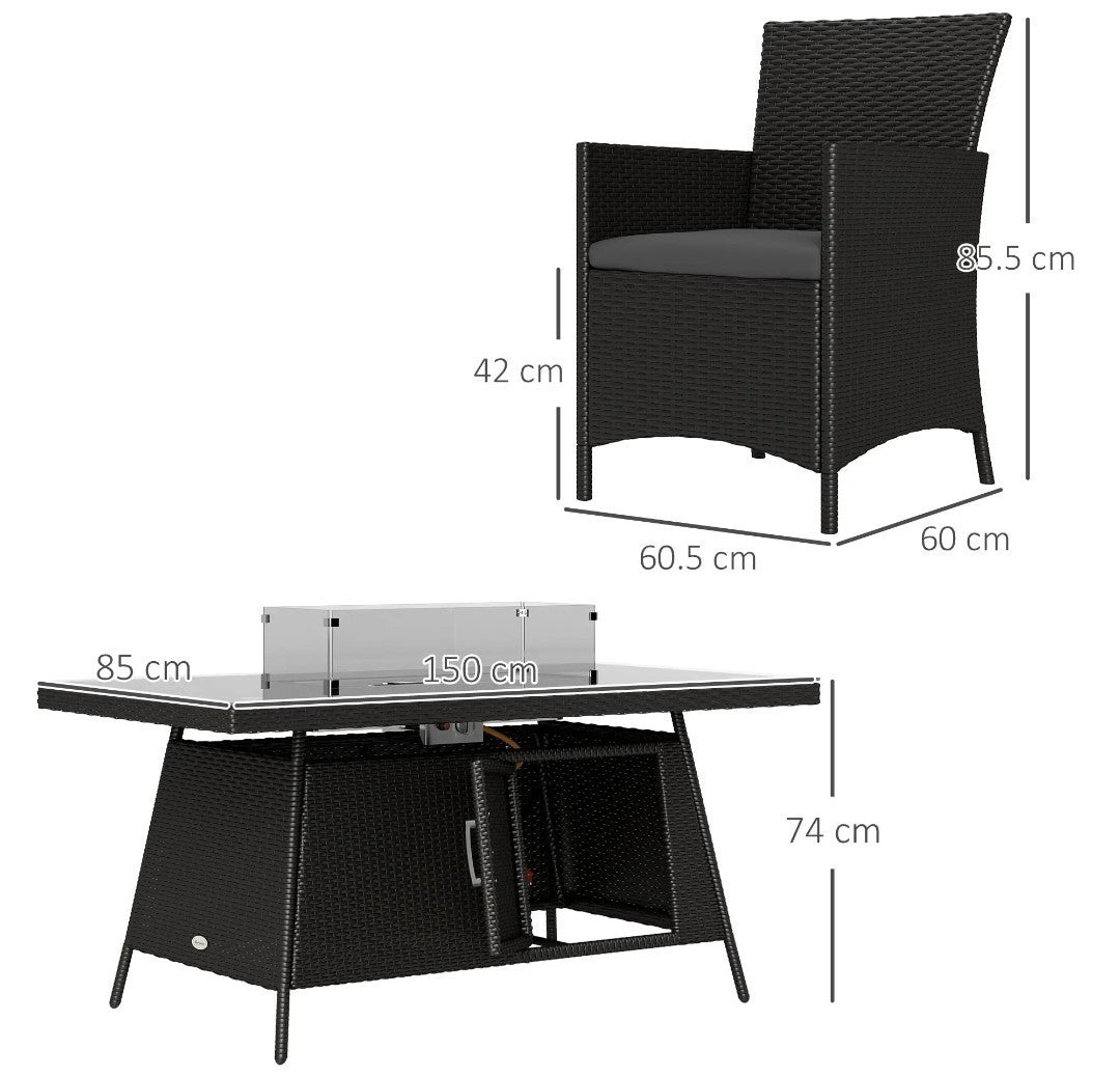 6-Seater Rattan Garden Set with Gas Fire Pit Table – 7 Piece, Black & Grey