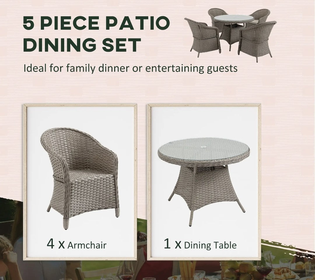 4-Seater Round PE Rattan Dining Set – Grey | FSC Certified with Glass Table & Cushions