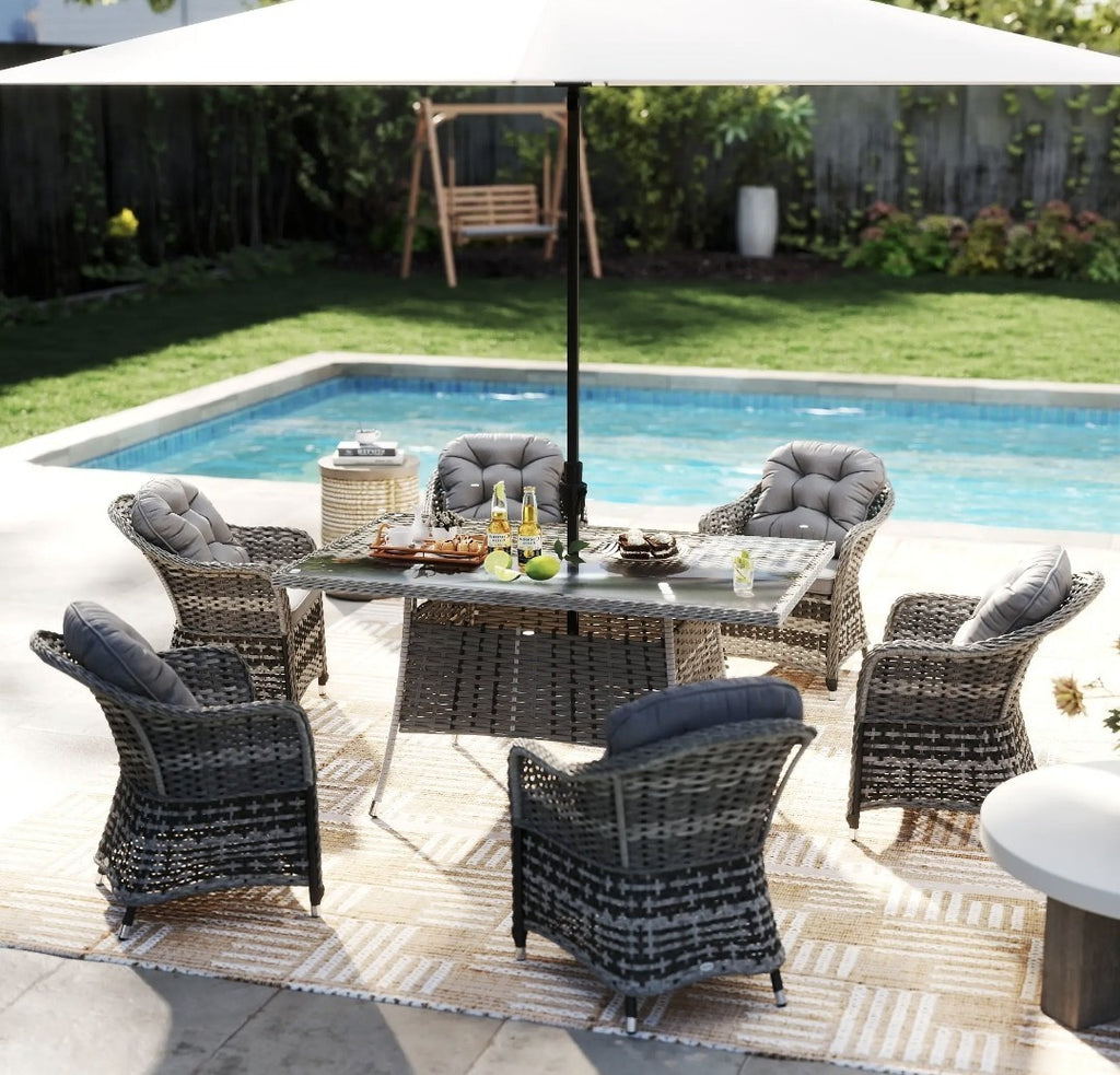 Seven-Piece Rattan Dining Set with Tempered Glass Table Top and Parasol Hole