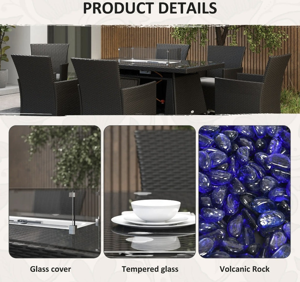 6-Seater Rattan Garden Set with Gas Fire Pit Table – 7 Piece, Black & Grey