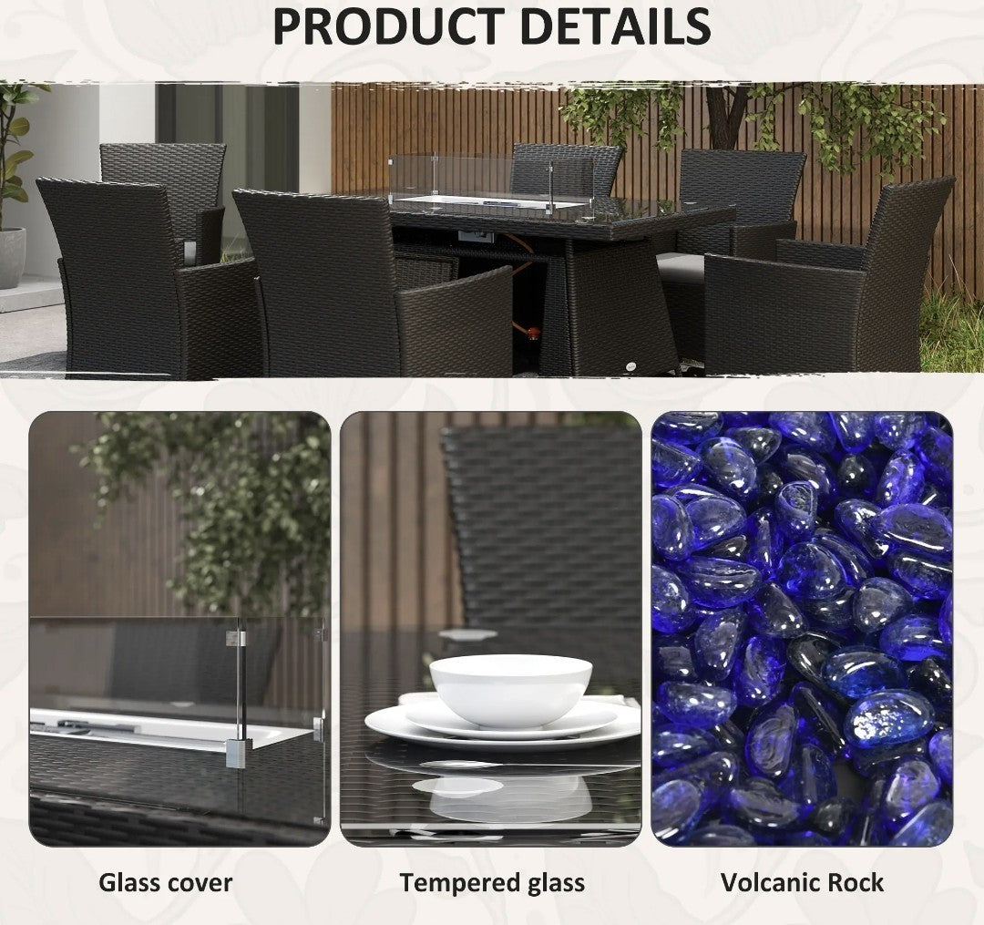 6-Seater Rattan Garden Set with Gas Fire Pit Table – 7 Piece, Black & Grey