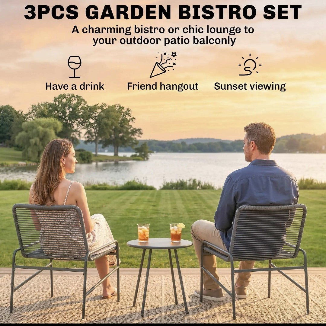 3-Piece Rattan Bistro Set | 2 Chairs & Round Coffee Table, Outdoor Garden