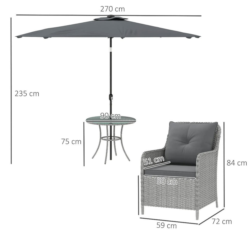 4-Seater Rattan Dining Set with Parasol & Cushions – Light Grey