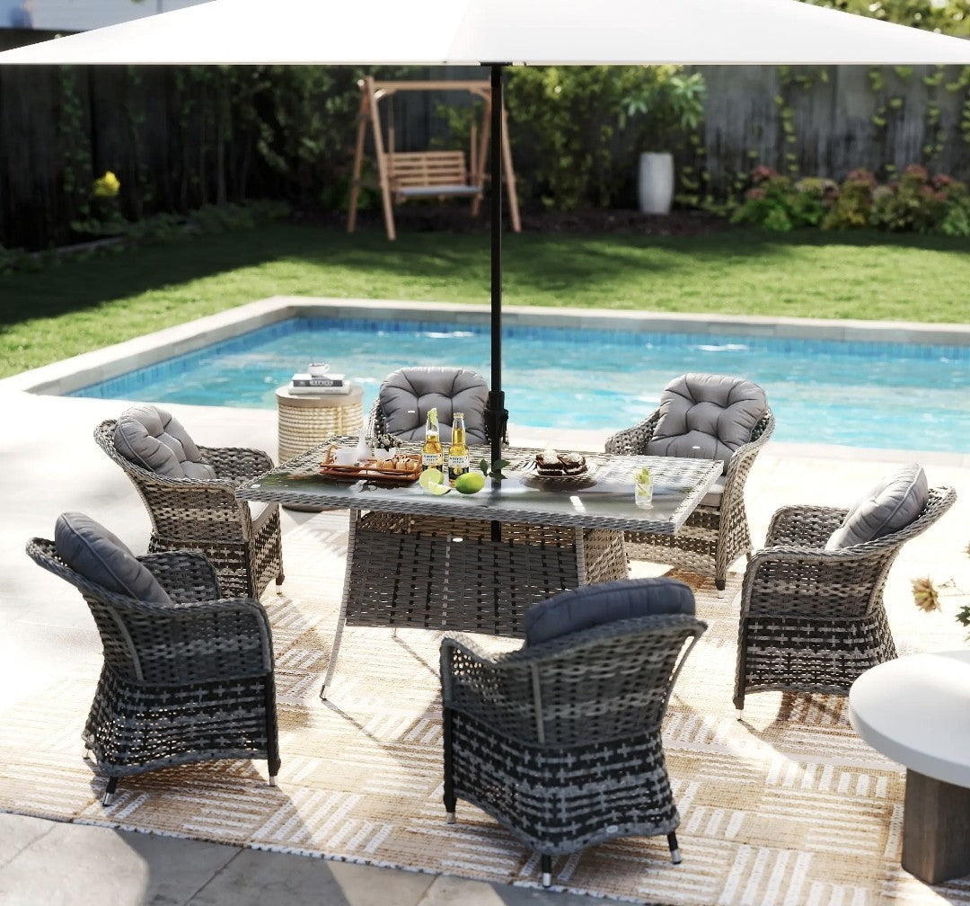 7-Piece Rattan Garden Dining Set – Grey | 6-Seater with Tempered Glass & Parasol Hole
